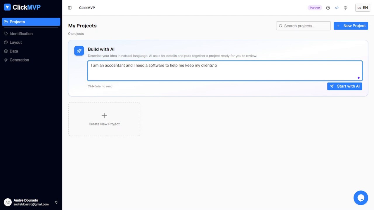 Tela inicial do AI Builder do ClickMVP, com a ideia sendo descrita em linguagem natural