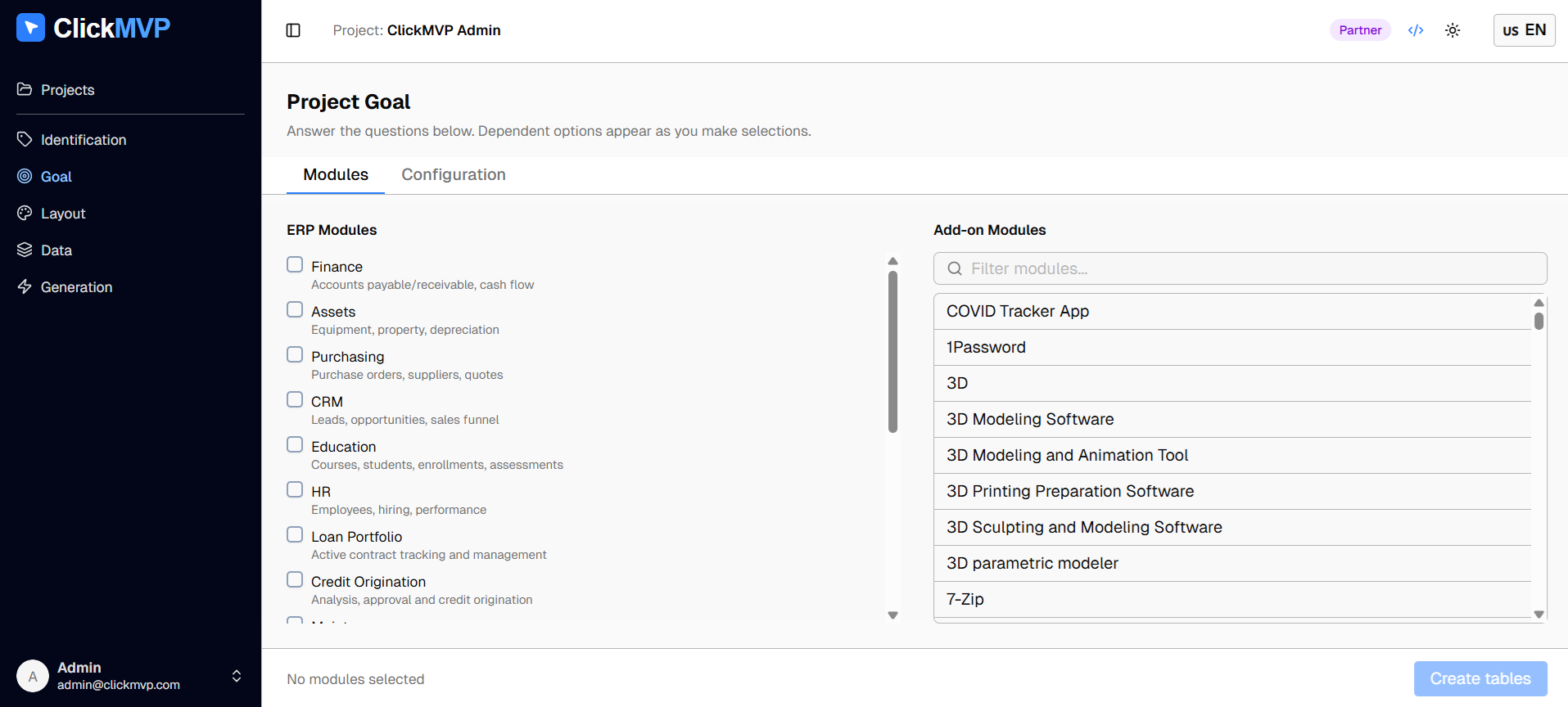 Catalog of modules and application models in ClickMVP