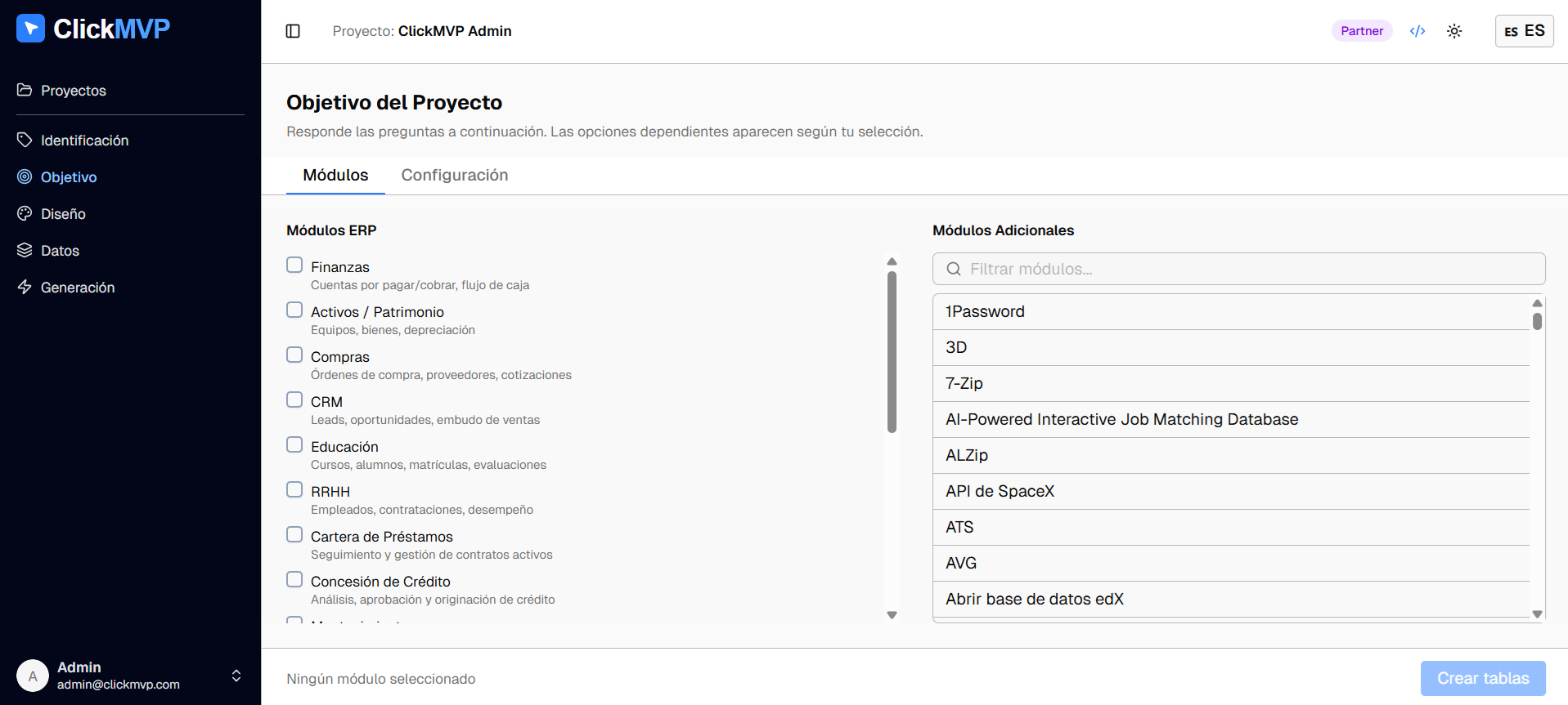 Catálogo de módulos y modelos de aplicación en ClickMVP
